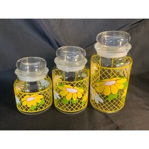 1970s Anchor Hocking Hildi Yellow Daisy Canister Set 3 Glass Lidded USA
